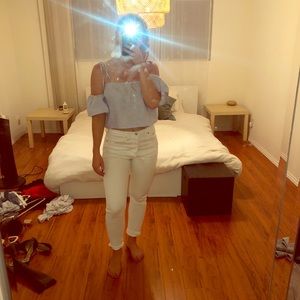 Blue shoulder tie crop top